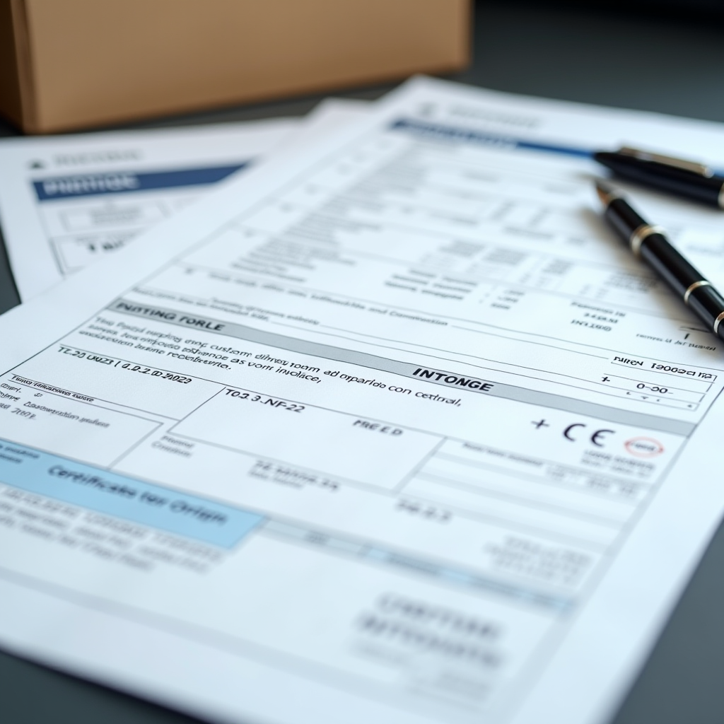 Detailed illustration of essential customs documentation including CN22 and CN23 forms, commercial invoices, and certificates of origin laid out on a desk with a pen, representing international parcel shipping paperwork from CIS to EU