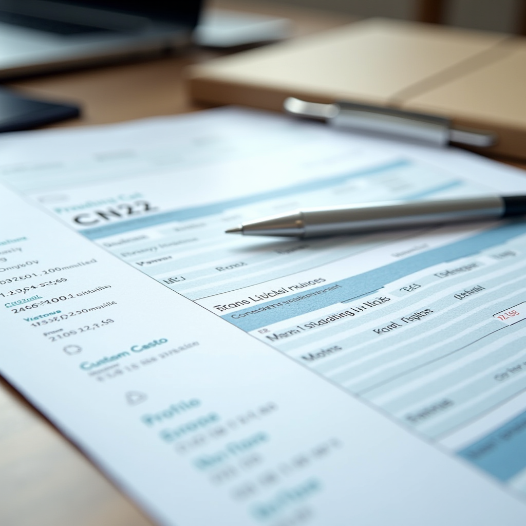 Таможенные документы и формы для международной отправки посылок: бланки CN22, CN23, коммерческие инвойсы и декларации на столе с ручкой