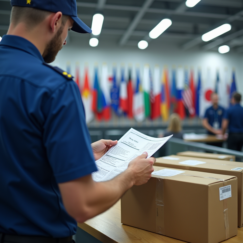 Таможенный контроль международных посылок: офицер проверяет документы и содержимое посылки на таможенном пункте, на фоне флаги европейских стран и стран СНГ