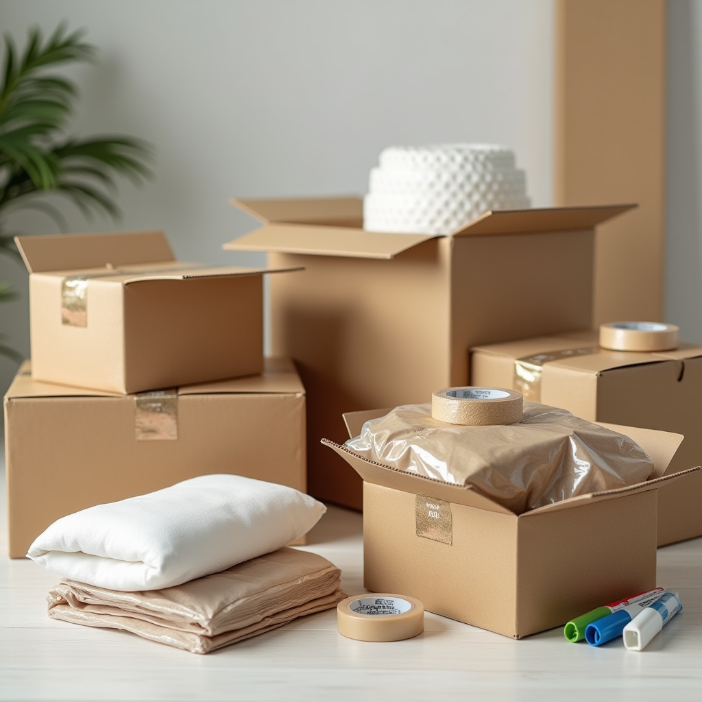 Различные упаковочные материалы для международной доставки: картонные коробки разных размеров, пузырчатая пленка, упаковочная бумага, скотч, маркеры и защитные материалы на столе