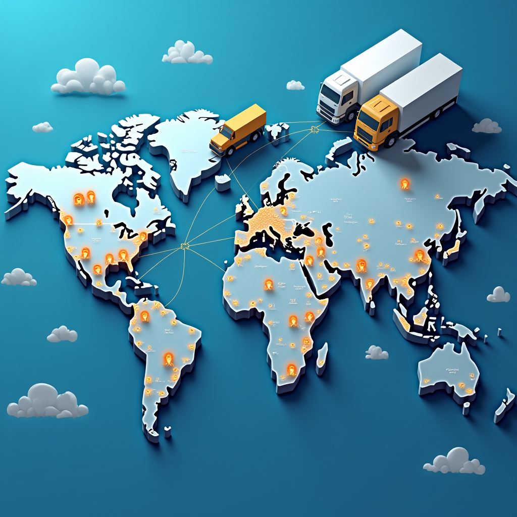 Схема международной системы отслеживания посылок с изображением глобальной сети логистических узлов, соединяющих страны СНГ и Европу, с визуализацией трек-номеров и контрольных точек на карте