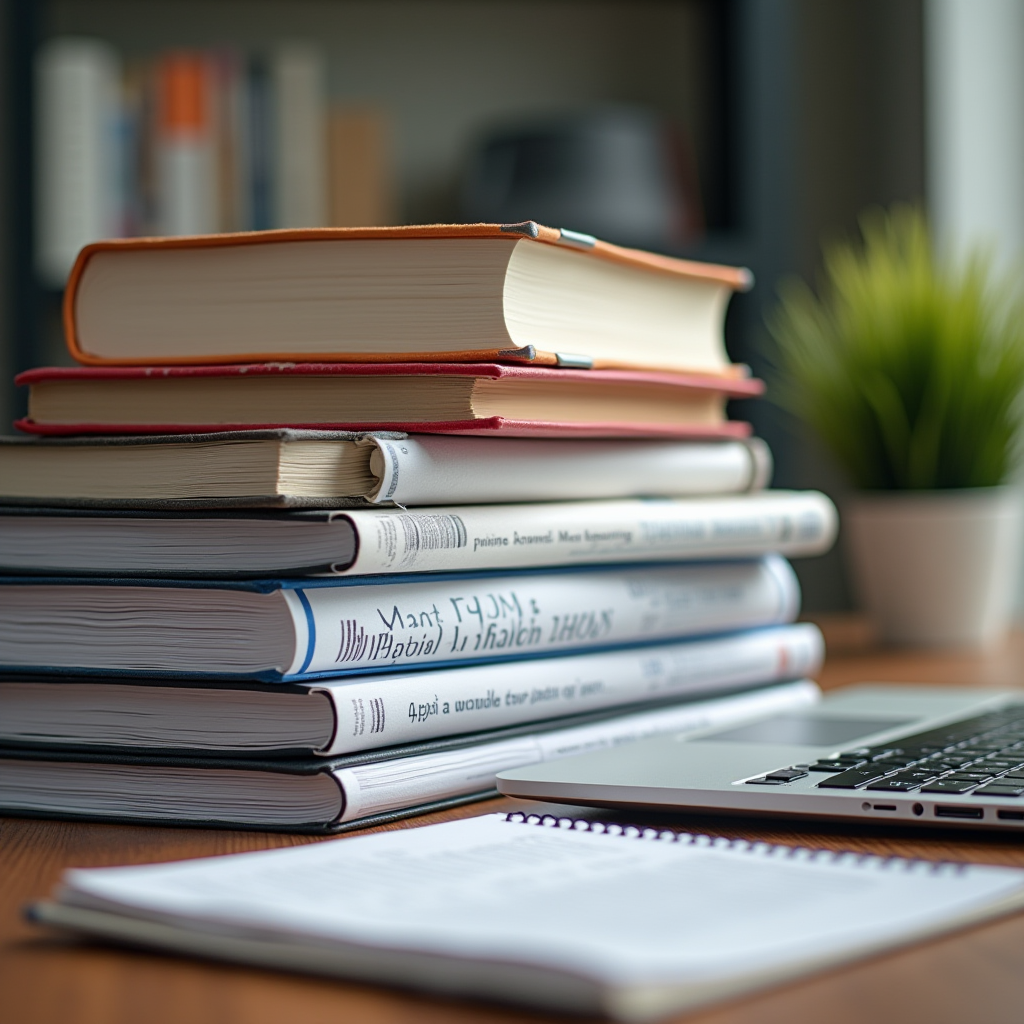 Стопка книг и документов о международной логистике, открытый ноутбук с образовательными статьями, блокнот с заметками, уютное рабочее место для изучения информации