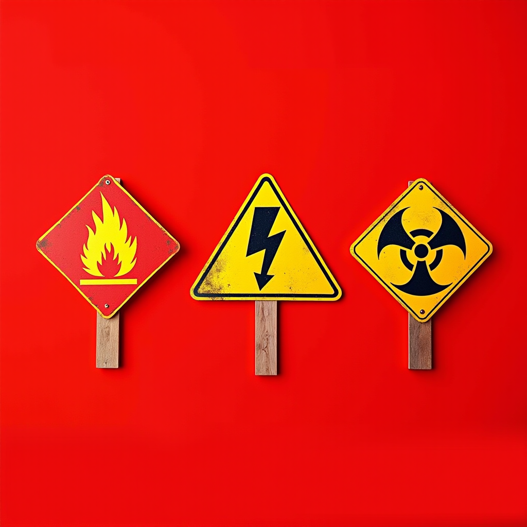 Предупреждающие знаки опасных грузов: символы взрывчатых веществ, легковоспламеняющихся материалов и токсичных веществ на красном фоне с международными маркировками