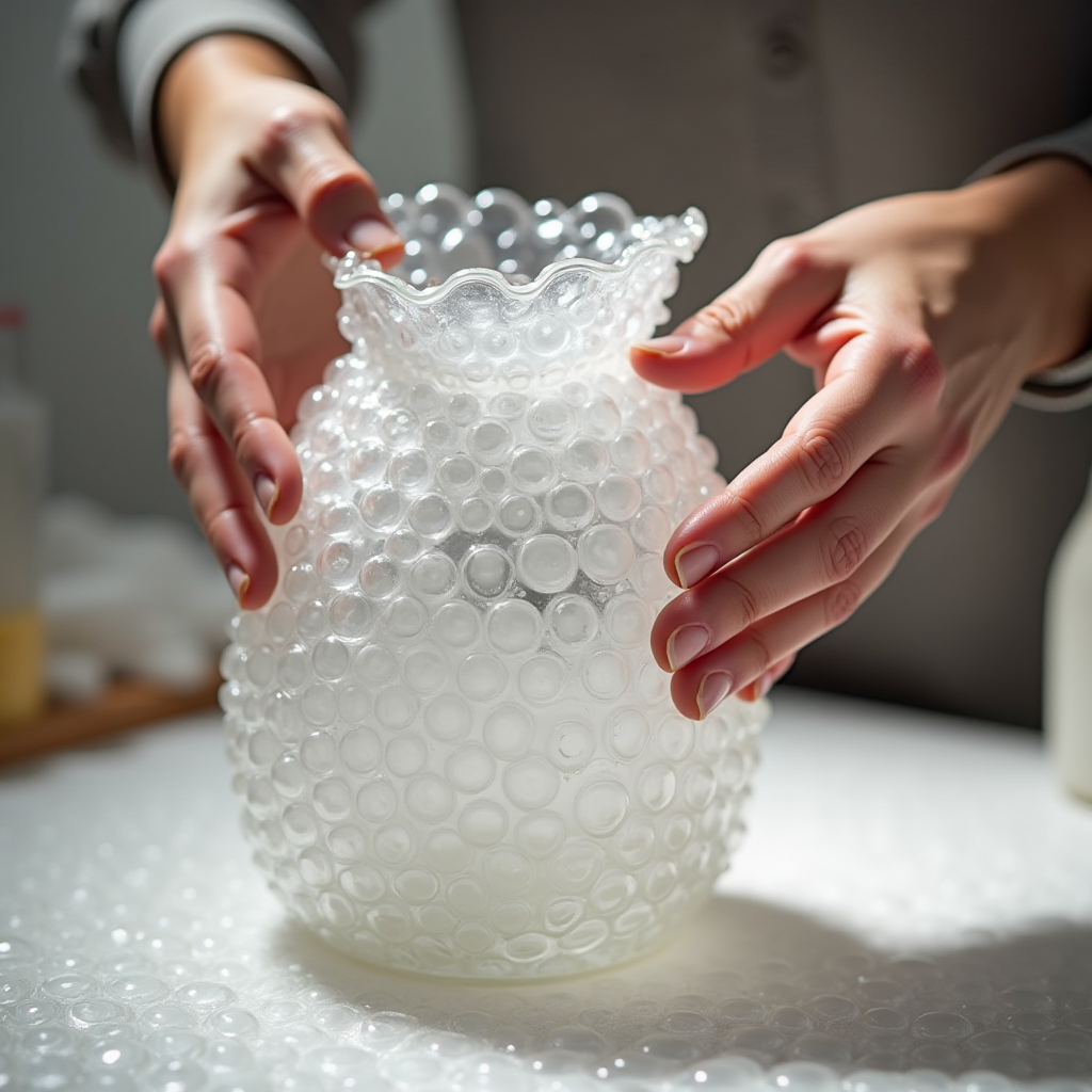 Процесс упаковки хрупкого предмета в пузырчатую пленку: руки аккуратно оборачивают стеклянную вазу несколькими слоями защитной пленки с крупными пузырьками