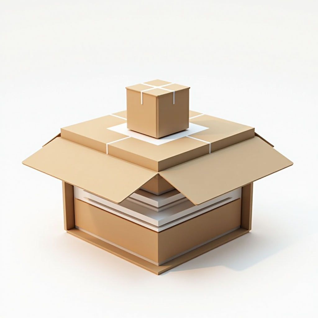 Схематическое изображение правильного распределения веса в посылке: тяжелые предметы на дне коробки, средние по весу в центре, легкие сверху, с защитными слоями между ними