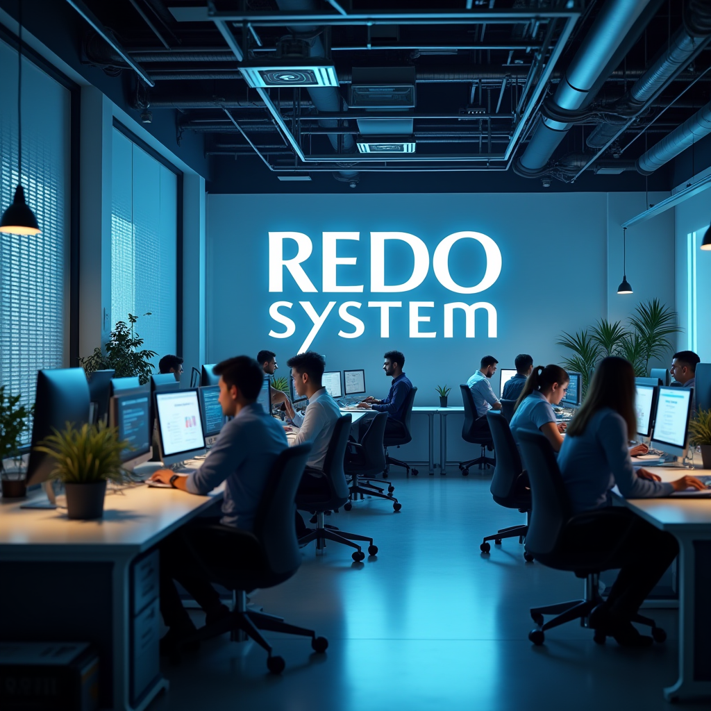 Современный офис REDO SYSTEM с логотипом компании, профессиональная рабочая среда, команда специалистов за работой, технологичная атмосфера IT-компании