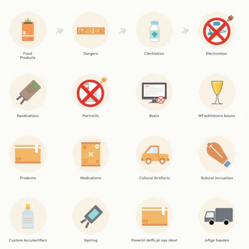 Educational infographic displaying prohibited and restricted items for international shipping including dangerous goods symbols, crossed-out food products, medications, electronics, and cultural artifacts with warning signs and customs regulations icons