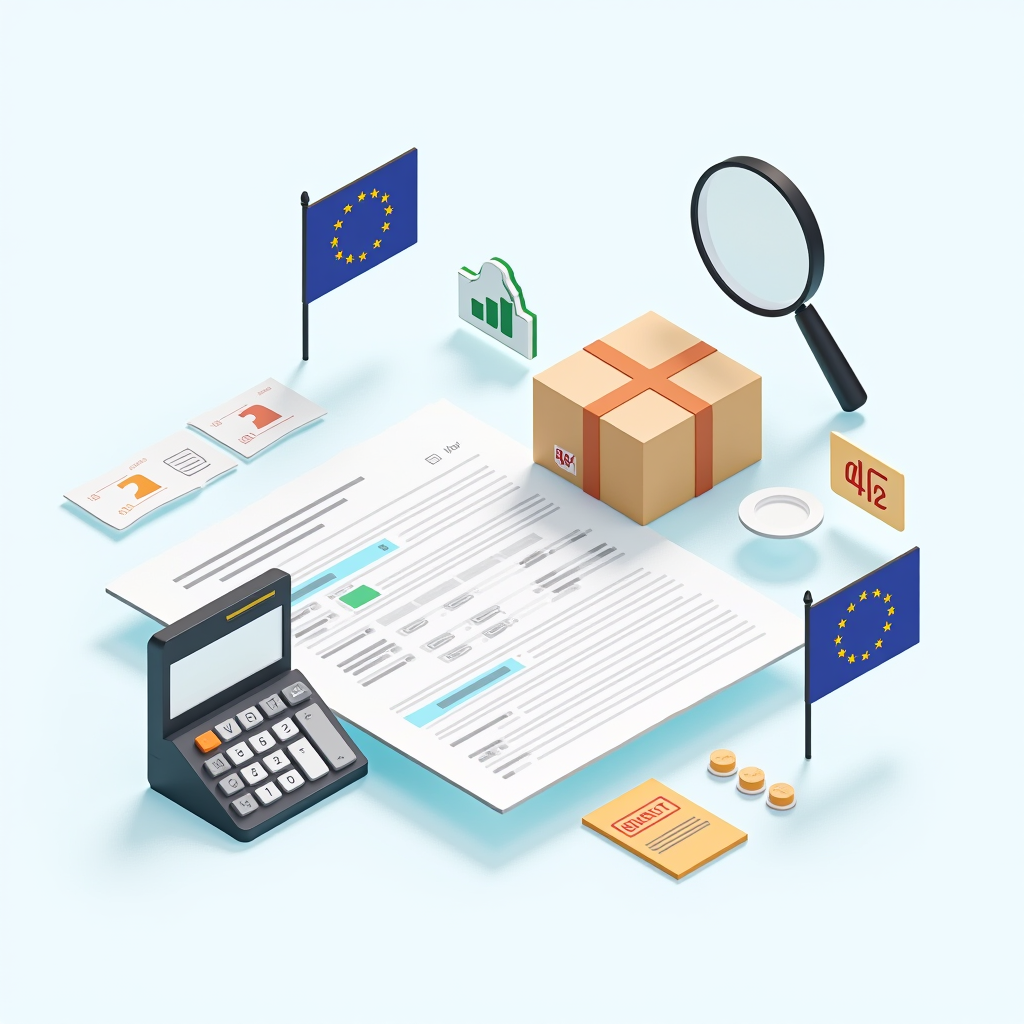 Informative illustration showing customs duty calculation with calculator, tax documents, EU flag, currency symbols, and VAT percentage indicators representing international parcel taxation and customs clearance process