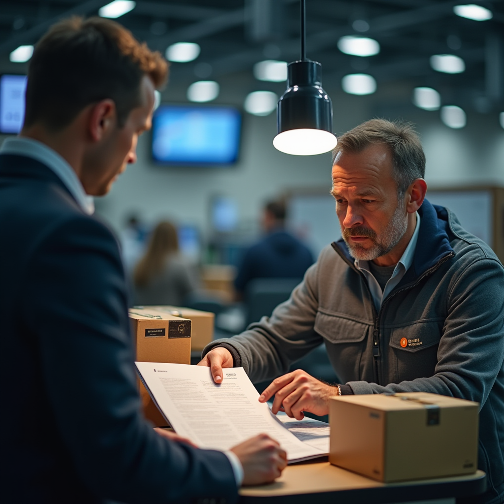 Процесс таможенного декларирования: сотрудник таможни проверяет документы и посылку на таможенном терминале