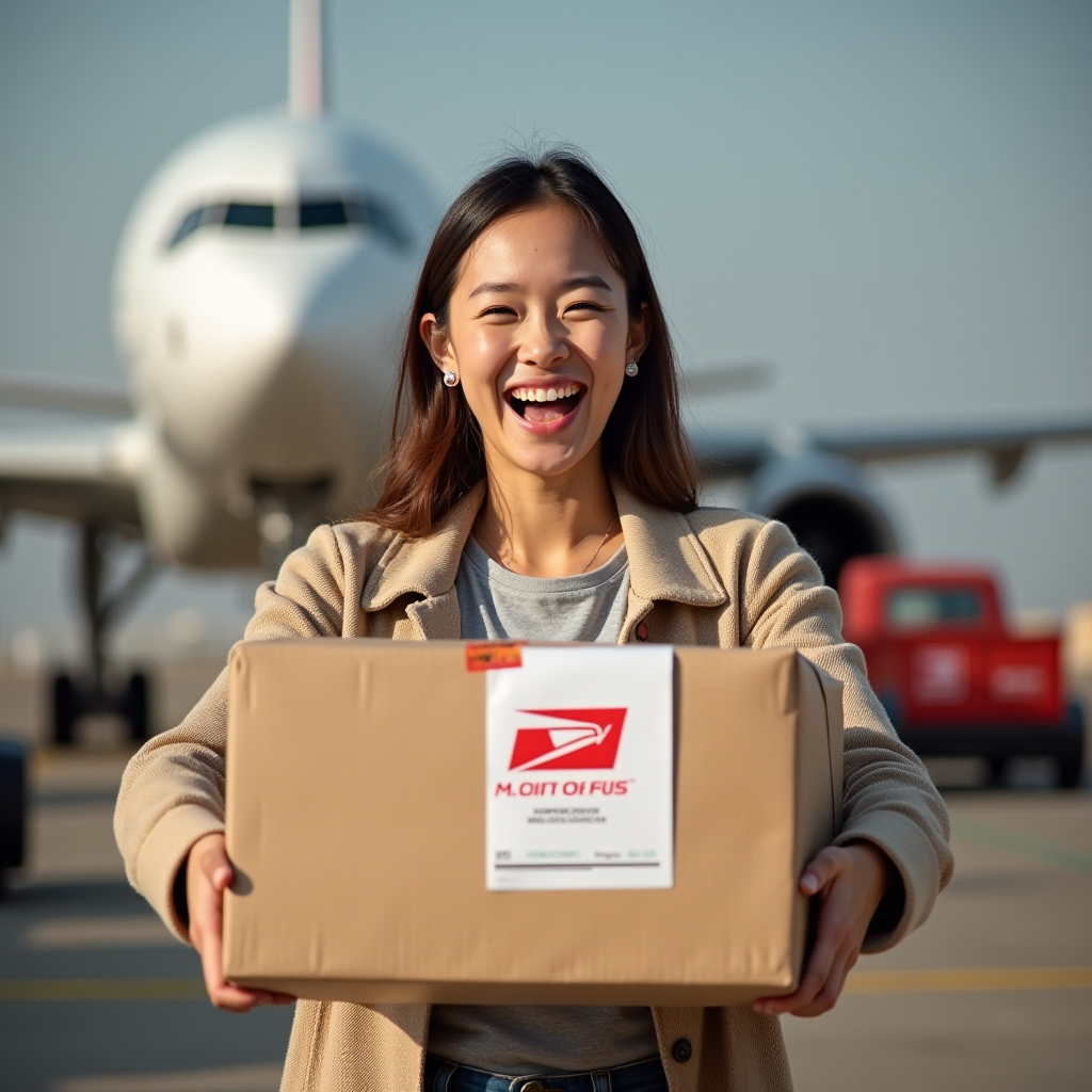Радостный получатель открывает посылку, успешно доставленную из СНГ в Европу, на фоне видны элементы международной логистики: самолет, почтовый грузовик, таможенная печать, символизирующие успешное прохождение всех этапов доставки