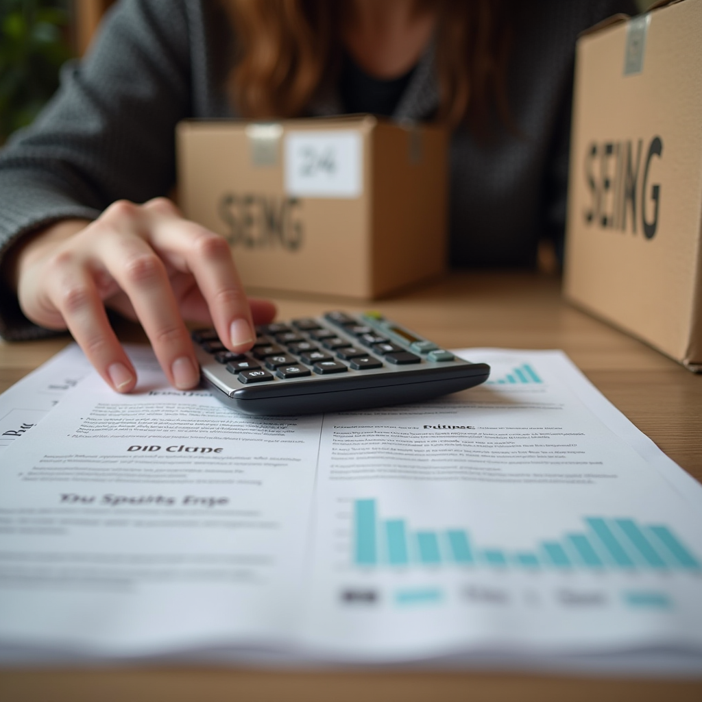 Человек планирует отправку посылки с калькулятором и документами, стратегическое планирование доставки, профессиональная фотография