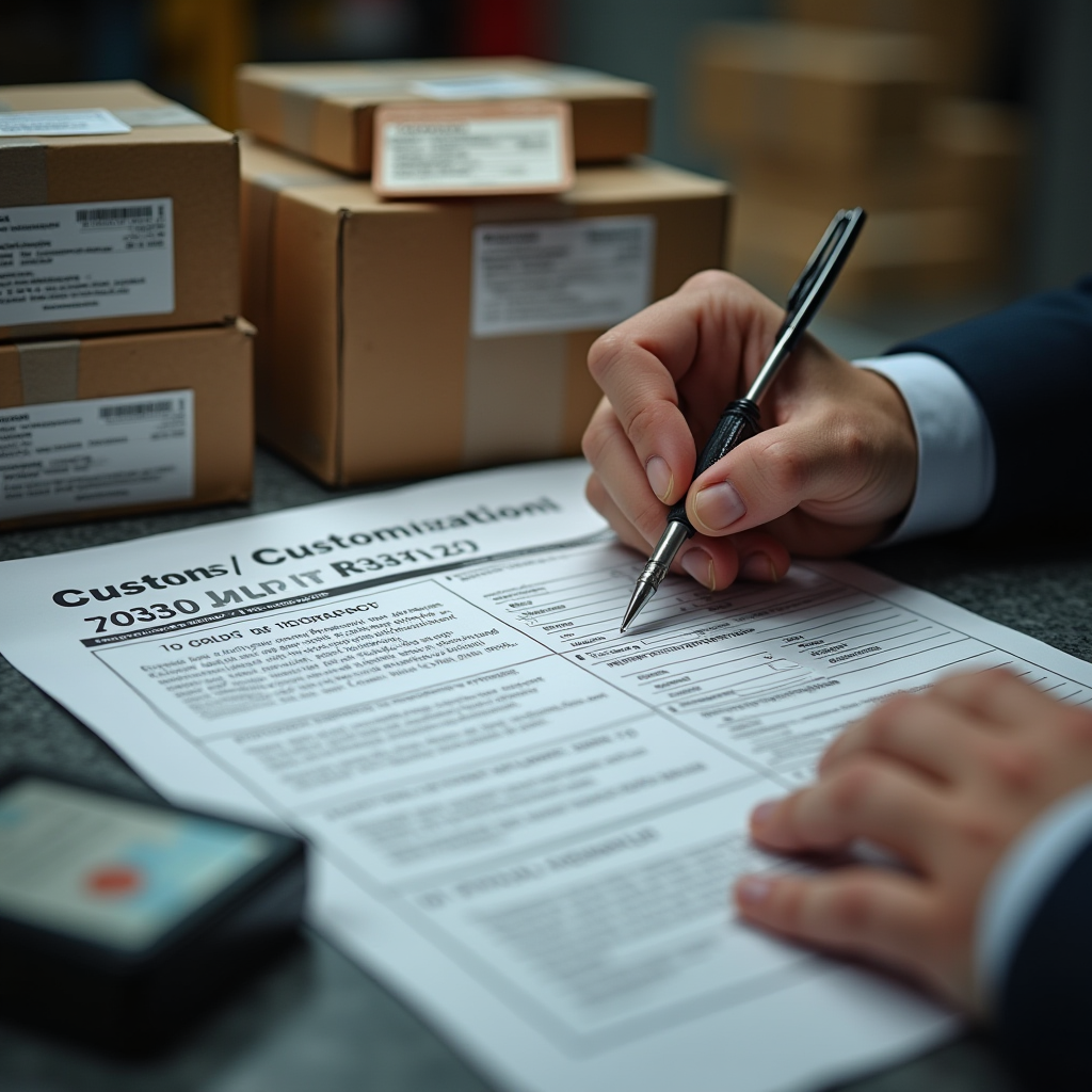 Таможенные санкции: документы о конфискации товара, штрафные квитанции, печати таможенных органов, конфискованные посылки на складе, офицер заполняет протокол нарушения
